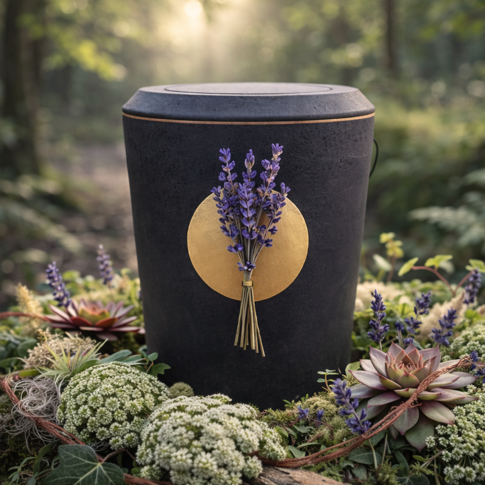 Nachhaltige schwarze Kohleurne aus der Floral Edition mit Lavendel als natürlicher floraler Urnenschmuck in naturnaher Umgebung