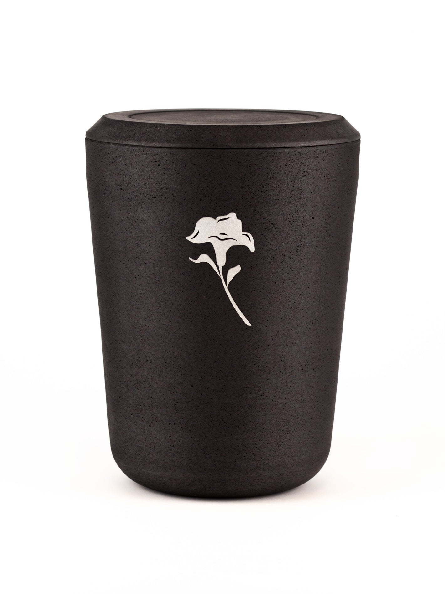 Biologisch abbaubare schwarze Kohleurne mit Lilie als schlichtes Schmuckelement